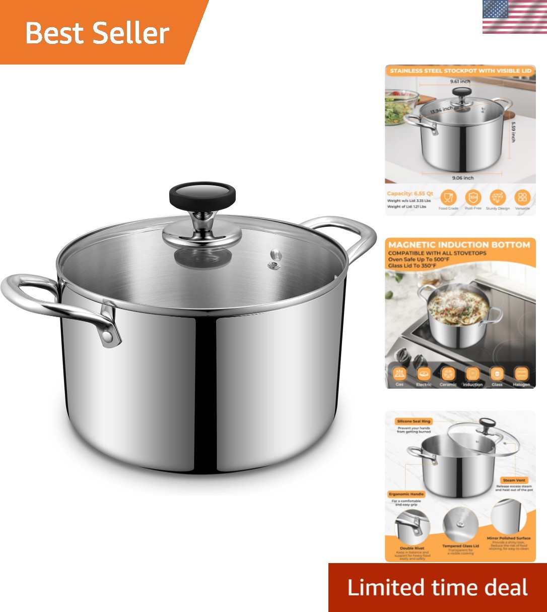 Tri-Ply Stainless Steel Stock Pot, 6.5 Quart Heavy Duty Induction Cooking Pot…