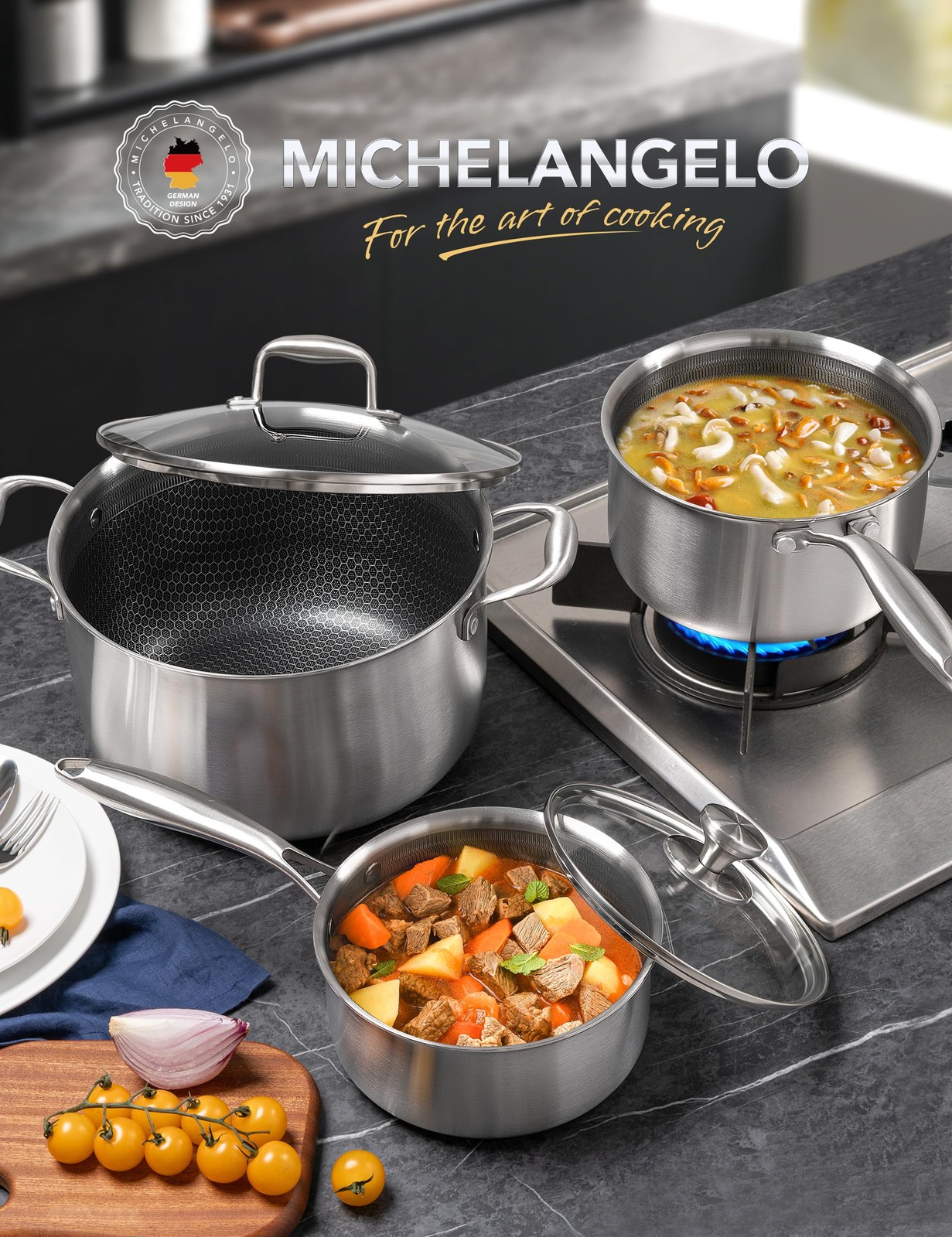 6 Pcs Tri-ply Stainless Steel Pot Set, 2QT & 3QT & 8QT Pot with Lids, Nonstic…