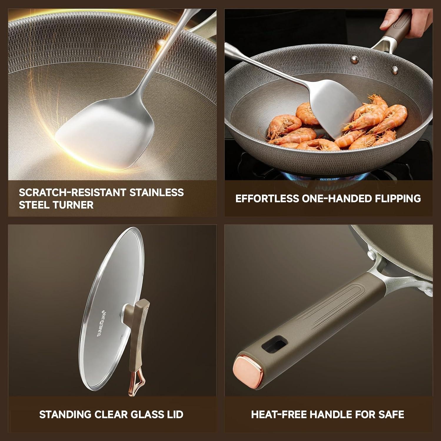 13″ Titanium Wok Pan with Lid,Non-stick Flat Bottom Titanium | PFAS & PFOA