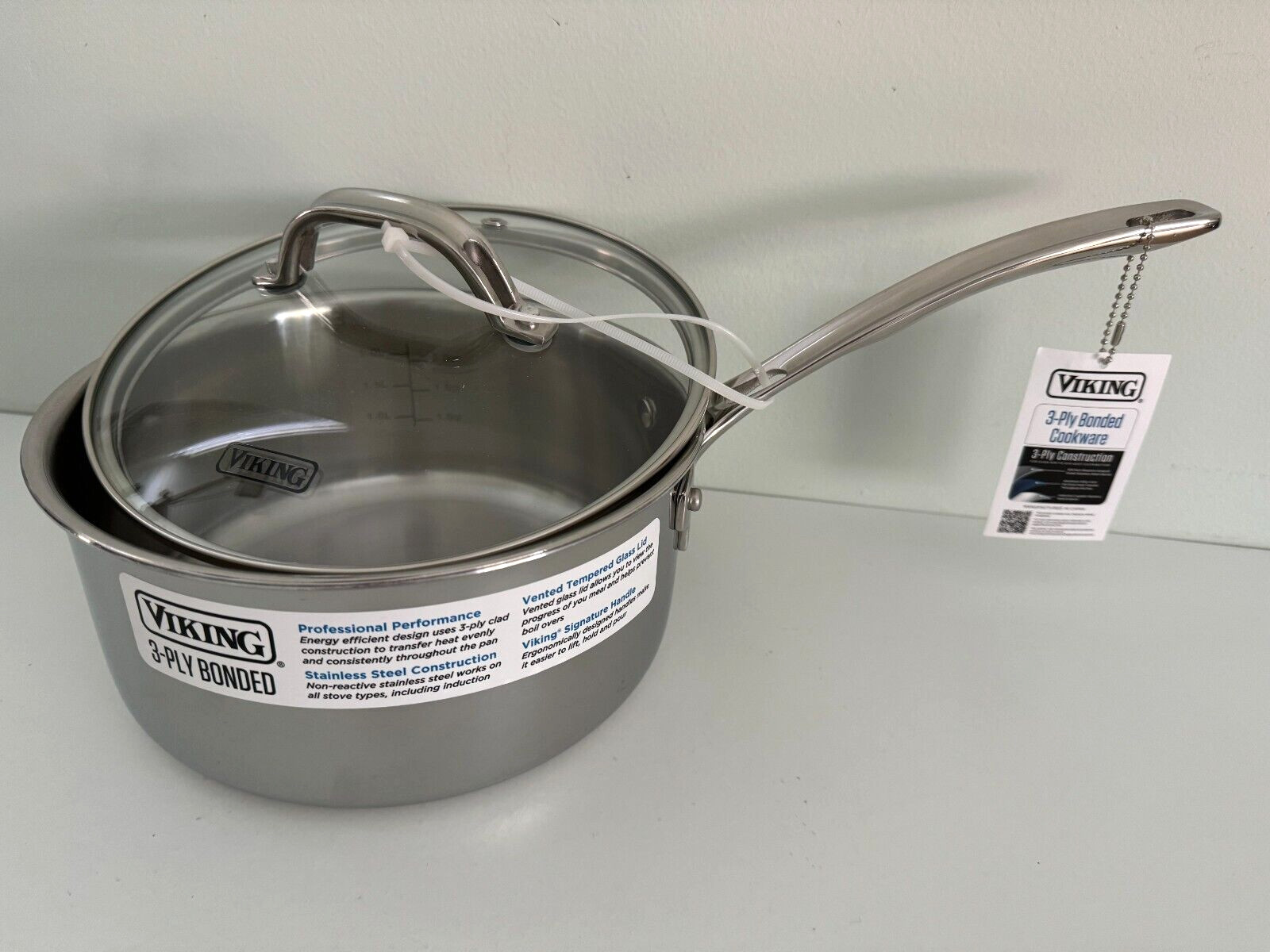 VIKING 3-PLY STAINLESS STEEL SAUCEPAN WITH GLASS LID HANDLE 3QT 2.8L 3 QUARTS