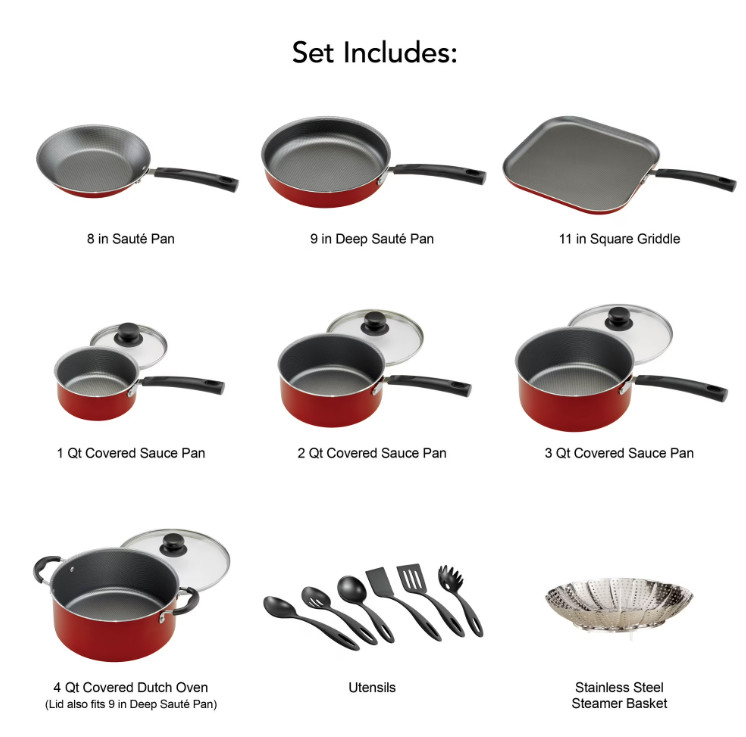 Tramontina Primaware 18 Piece Non-stick Cookware Set, Red