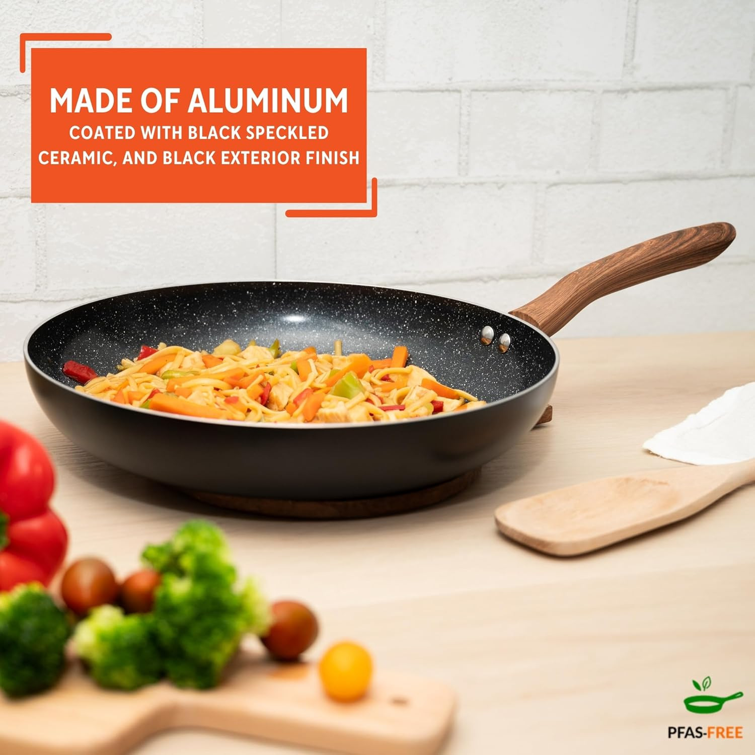 12-Inch Ceramic Nonstick Frying Pan – Black Speckled Aluminum Skillet with Wood-
