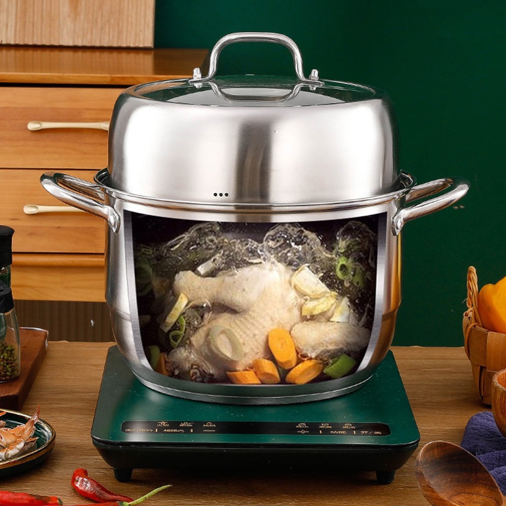 3 Tier Stainless Steel Steamer Cooker Steam Pot Kitchen Food Cooking + Glass Lid