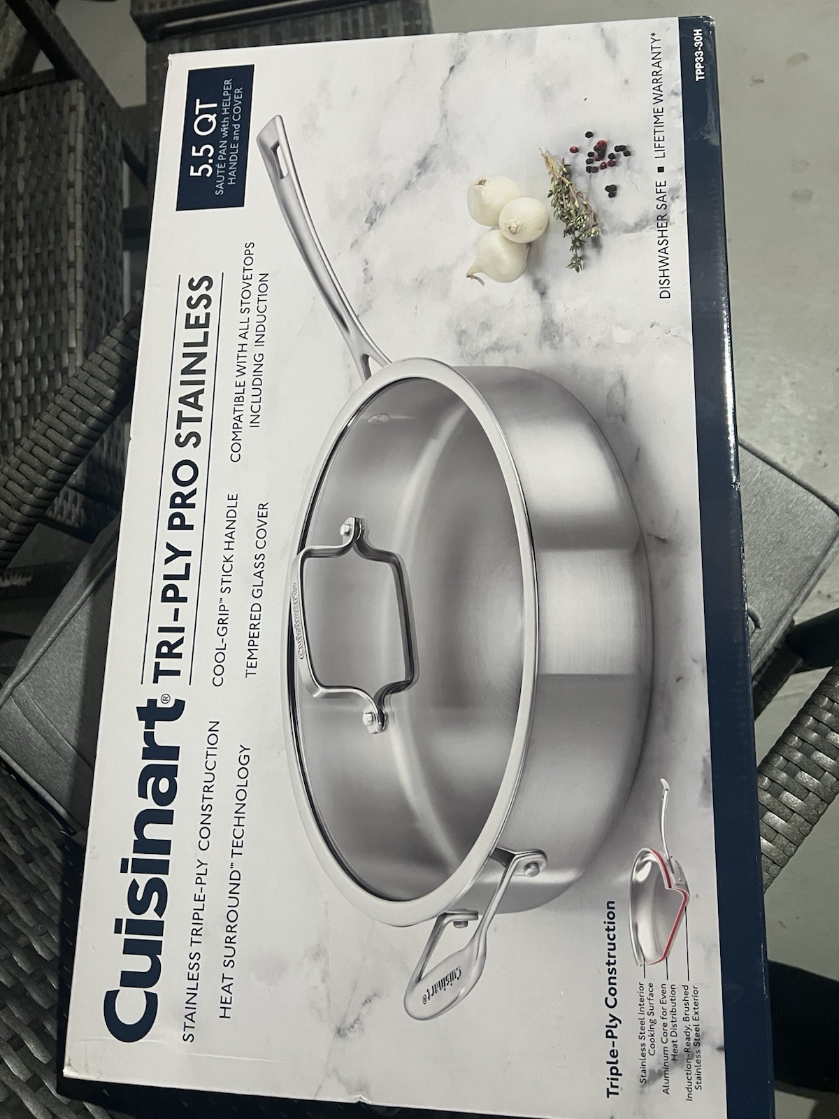 Cusinart Tri Ply Pro Stainless 5.5 Quart Sauté Pan With Helper Handle And Cover