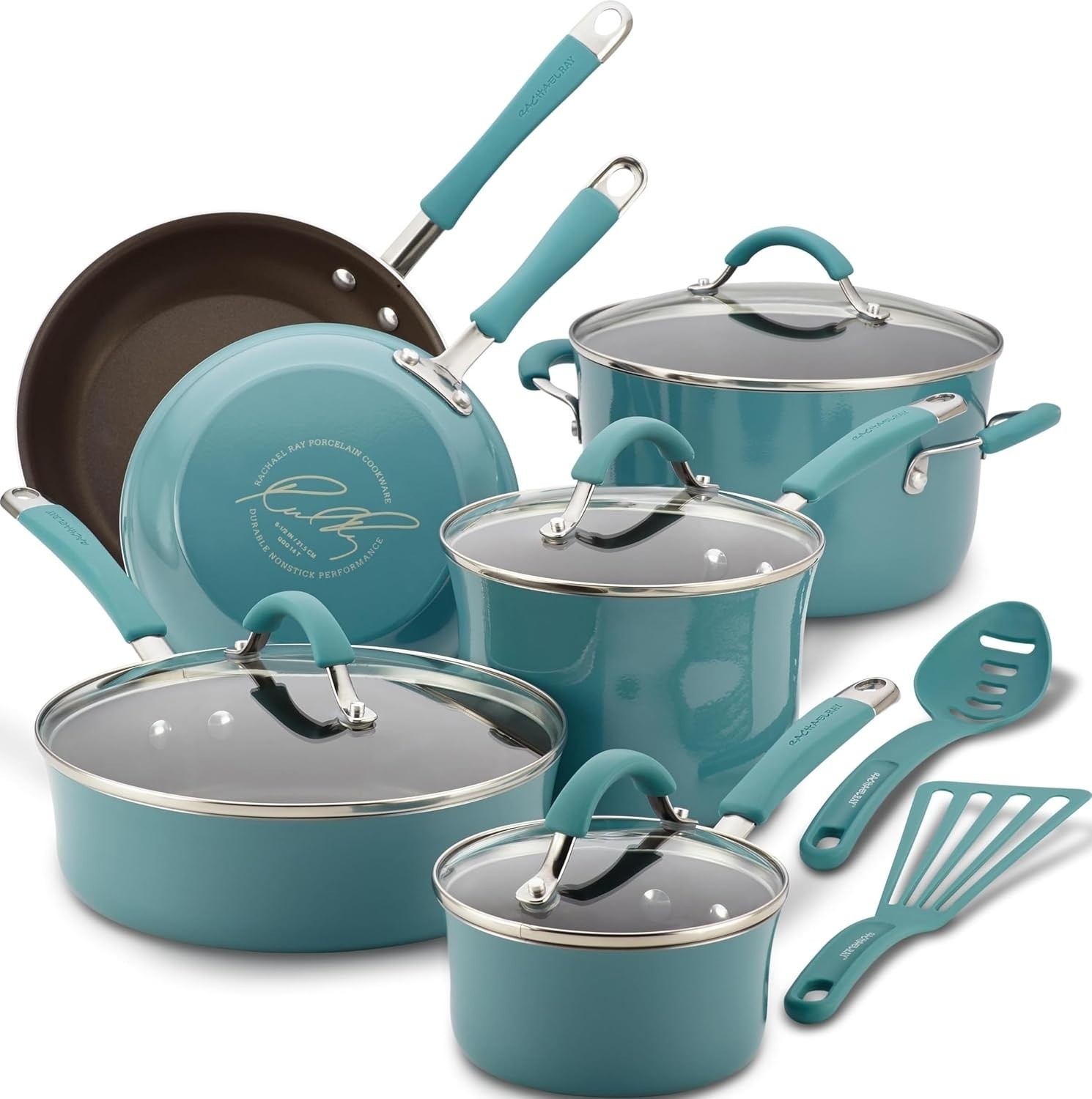 Rachel Ray’s Kitchen Cucina Nonstick Cookware Pots/Pans 12 Piece Set Agave Blue.