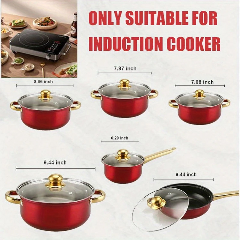 12 Piece Cookware Set Nonstick Pots and Pans Home Kitchen Cooking Non Stick, Red