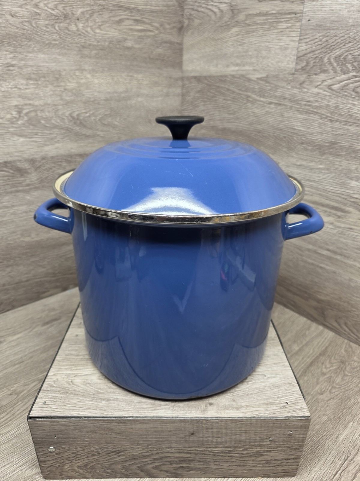 Vtg Le Creuset 12 Qt Enameled STEEL Large Stock pot Marseille Blue W/ LID READ!!
