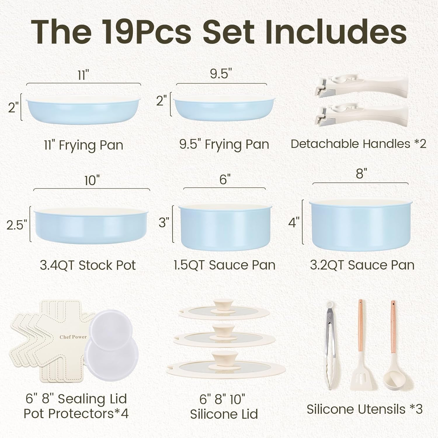 Ceramic Nonstick Pots and Pans Set 19 Piece with Detachable Handle, Induction Di