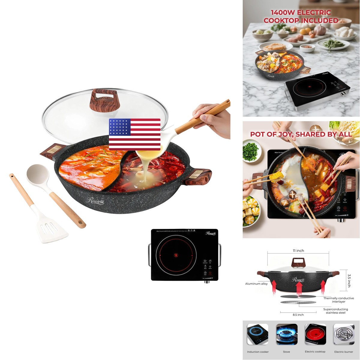 Rosewill 4.2Qt Double Flavor Non-Sticking Shabu Shabu – Dark Gray Rhcw-24001Dg