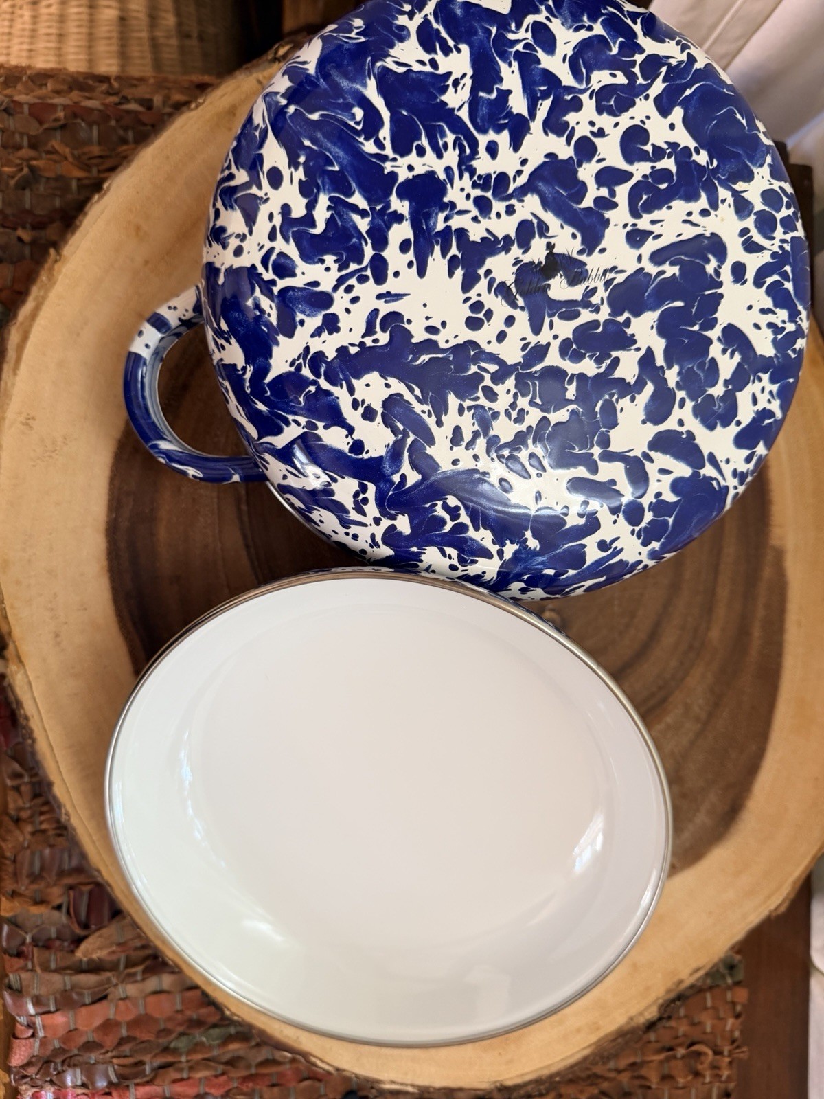 Blue White Enamel Casserole Pot with Lid, Double Handle, 9″ x 6″