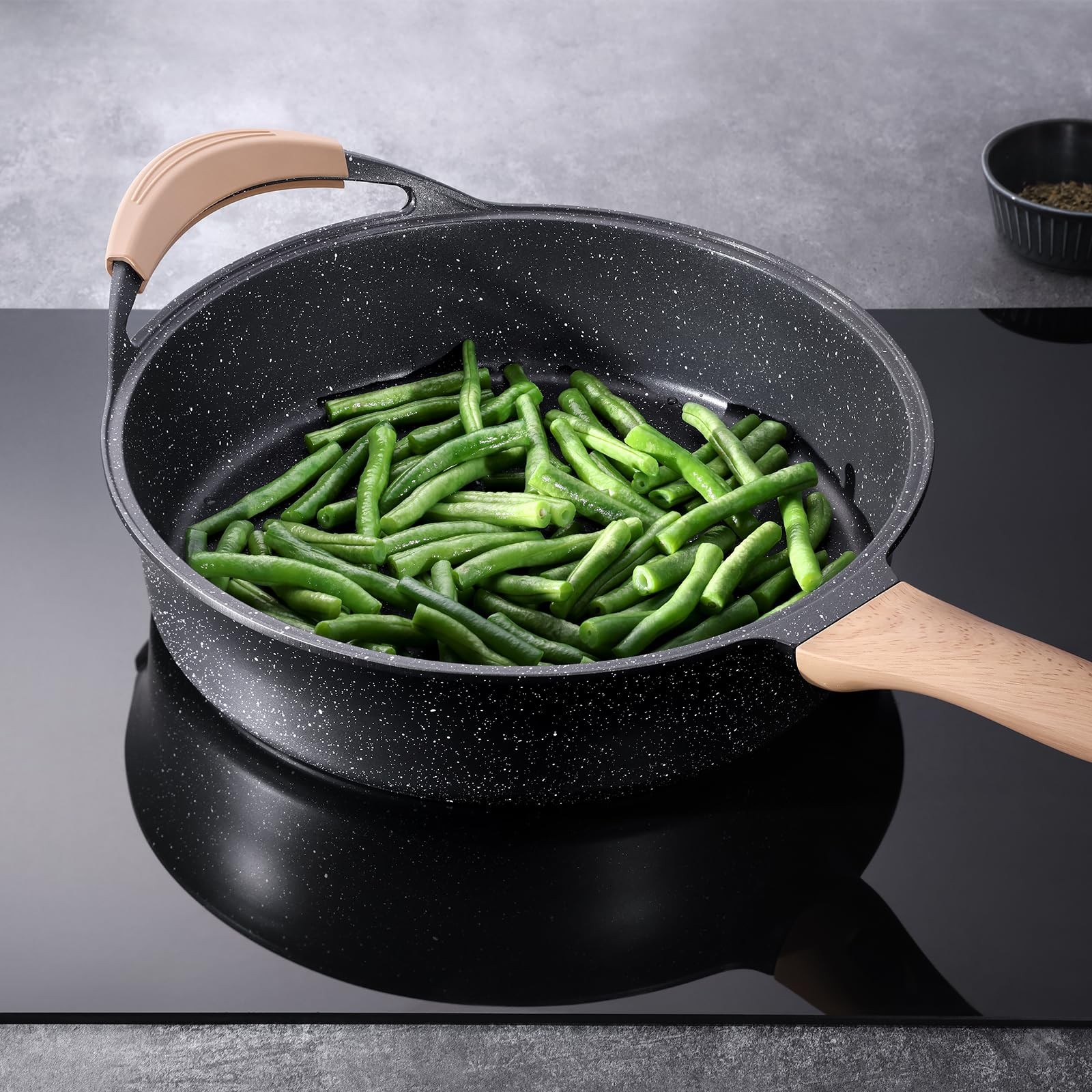 DEEP FRYING PAN Nonstick Skillet with Cover Granite 12 Inch 4.5 Qt ANIMOZEST