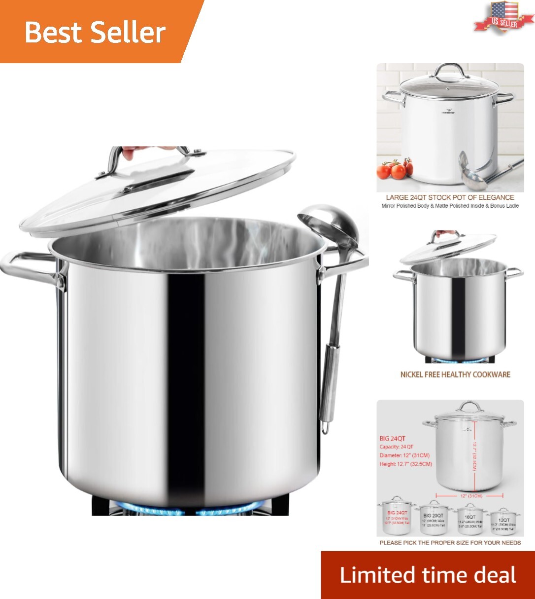 Timeless 24QT Polished Stainless Steel Stock Pot – Non-Toxic Amazing Cookware