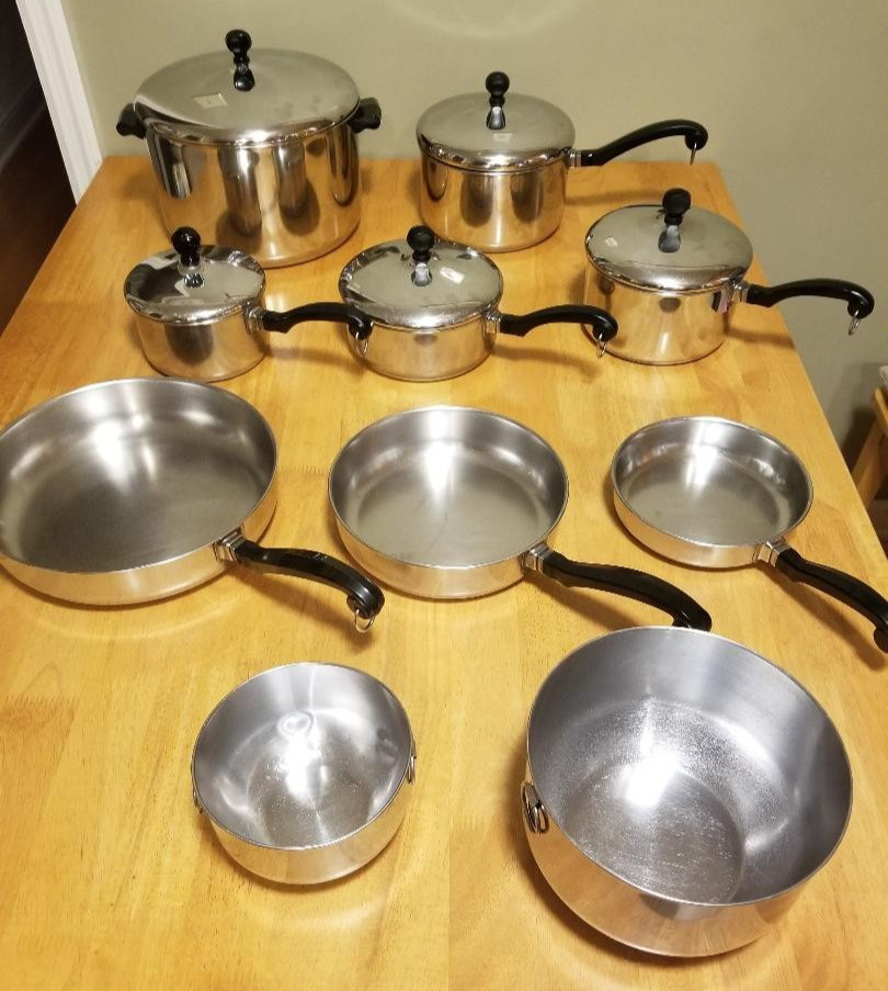 15 piece set VTG Farberware Aluminum Clad Stainless mixing bowls w/8 QT Stockpot