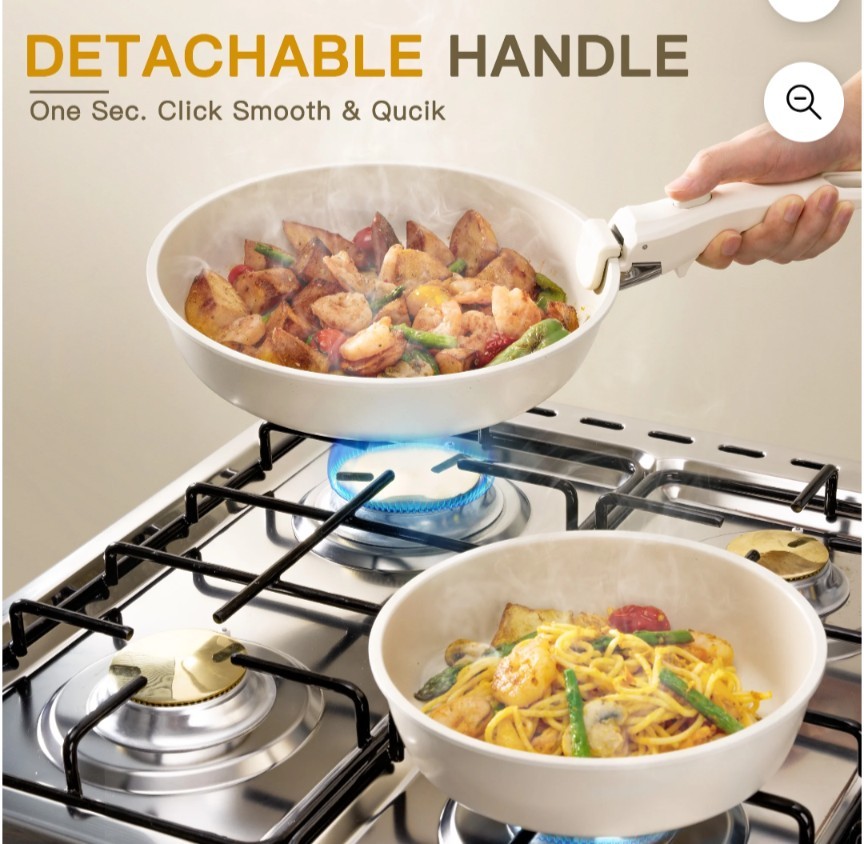 Astercook 20 Piece Cookware Set Non Stick Detachable Handles Cream White