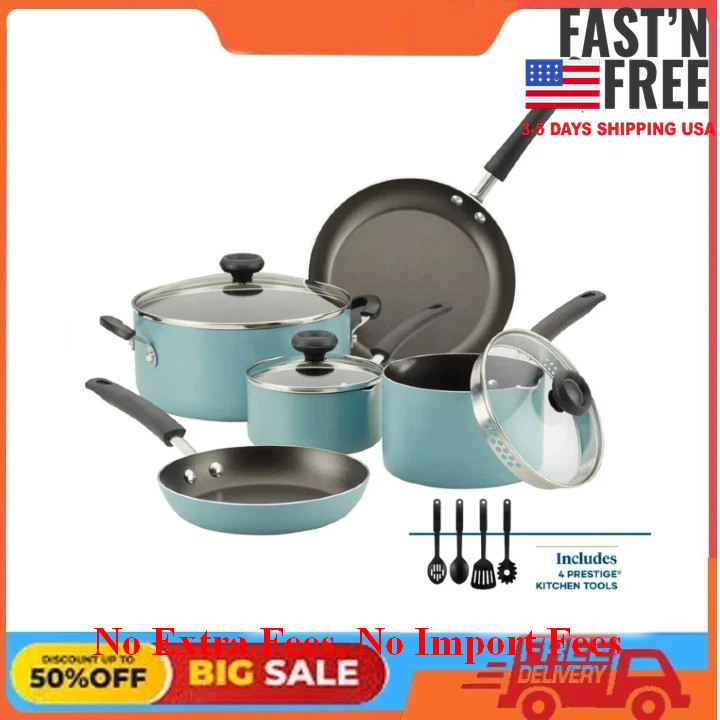 [HOT SALE] Farberware Easy Clean 12 Piece Nonstick Pots and Pans, Aqua, NEW USA