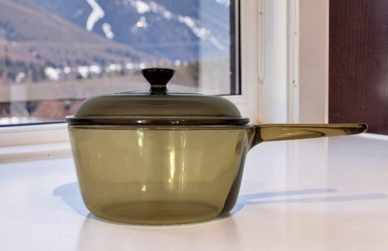 Vintage Corning Vision Ware Amber Glass Saucepan 1.5L w/ Pyrex Lid Cookware Pot