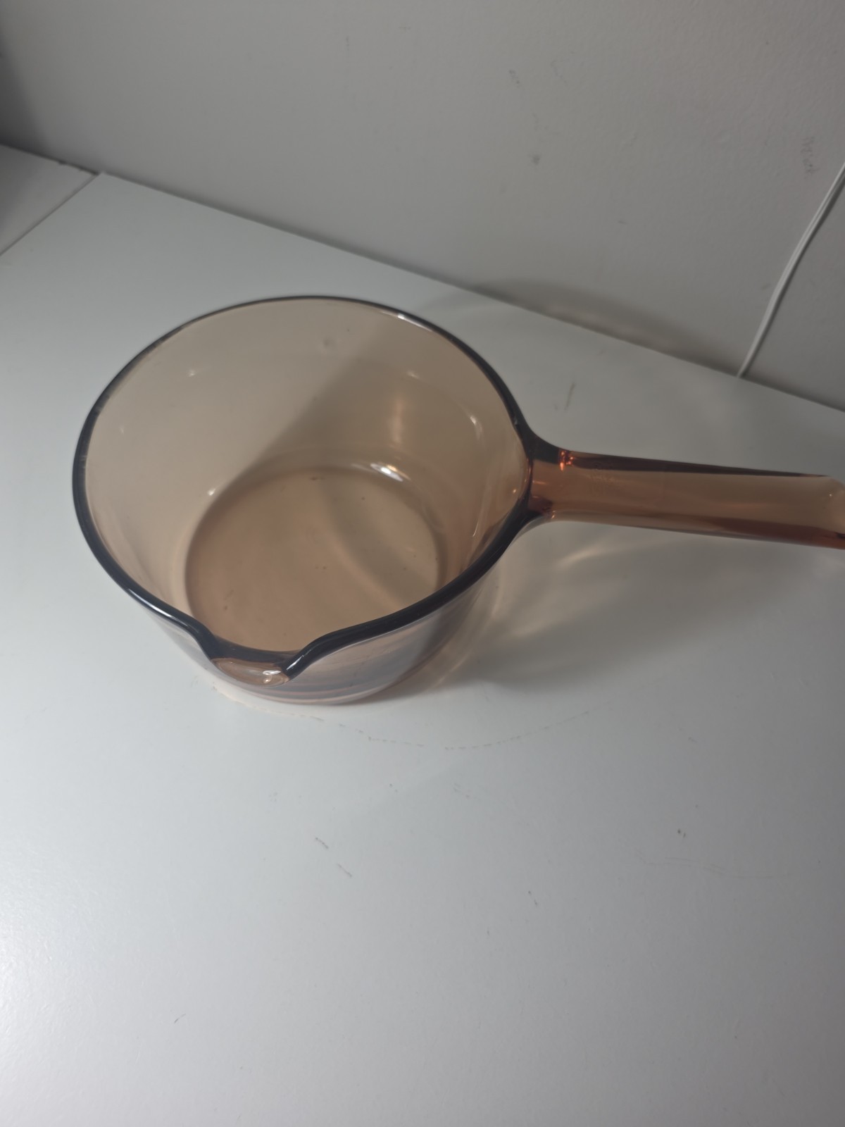 Vintage Pyrex Corning Vision Ware Amber 1L Glass saucepan w/ Spout no lid used