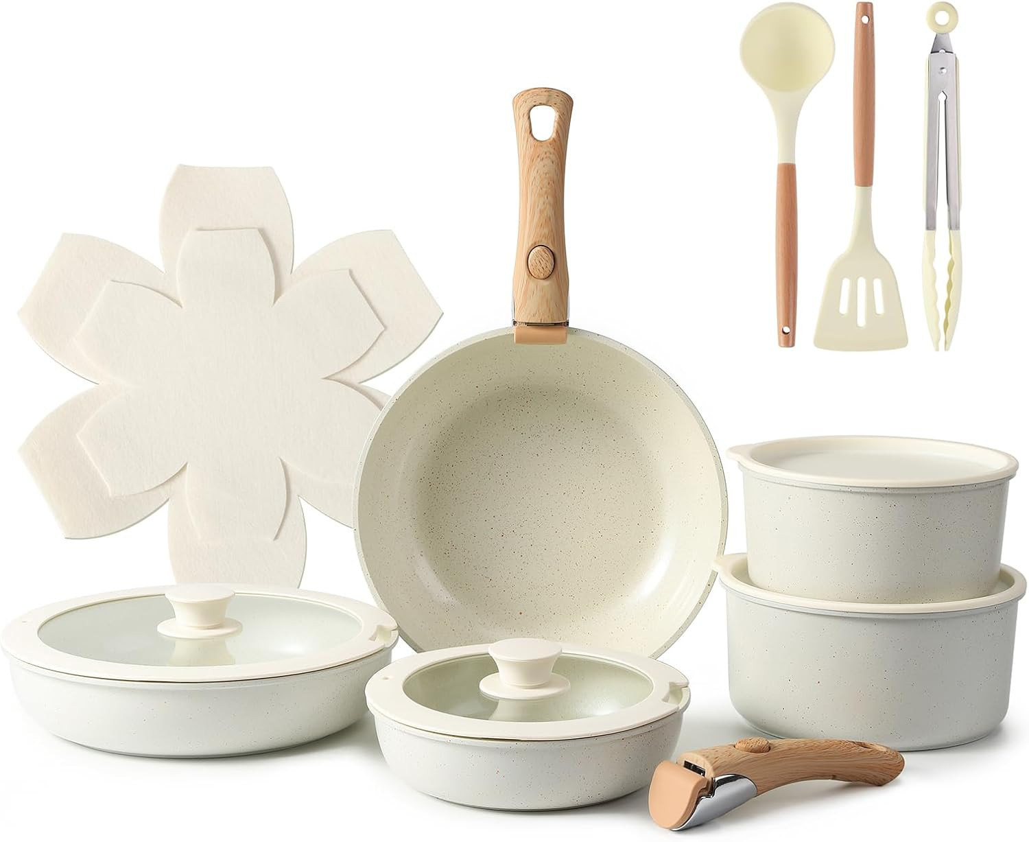 15-Piece Ceramic Cookware Set – Non-Stick Pots & Pans with Detachable Handles, W