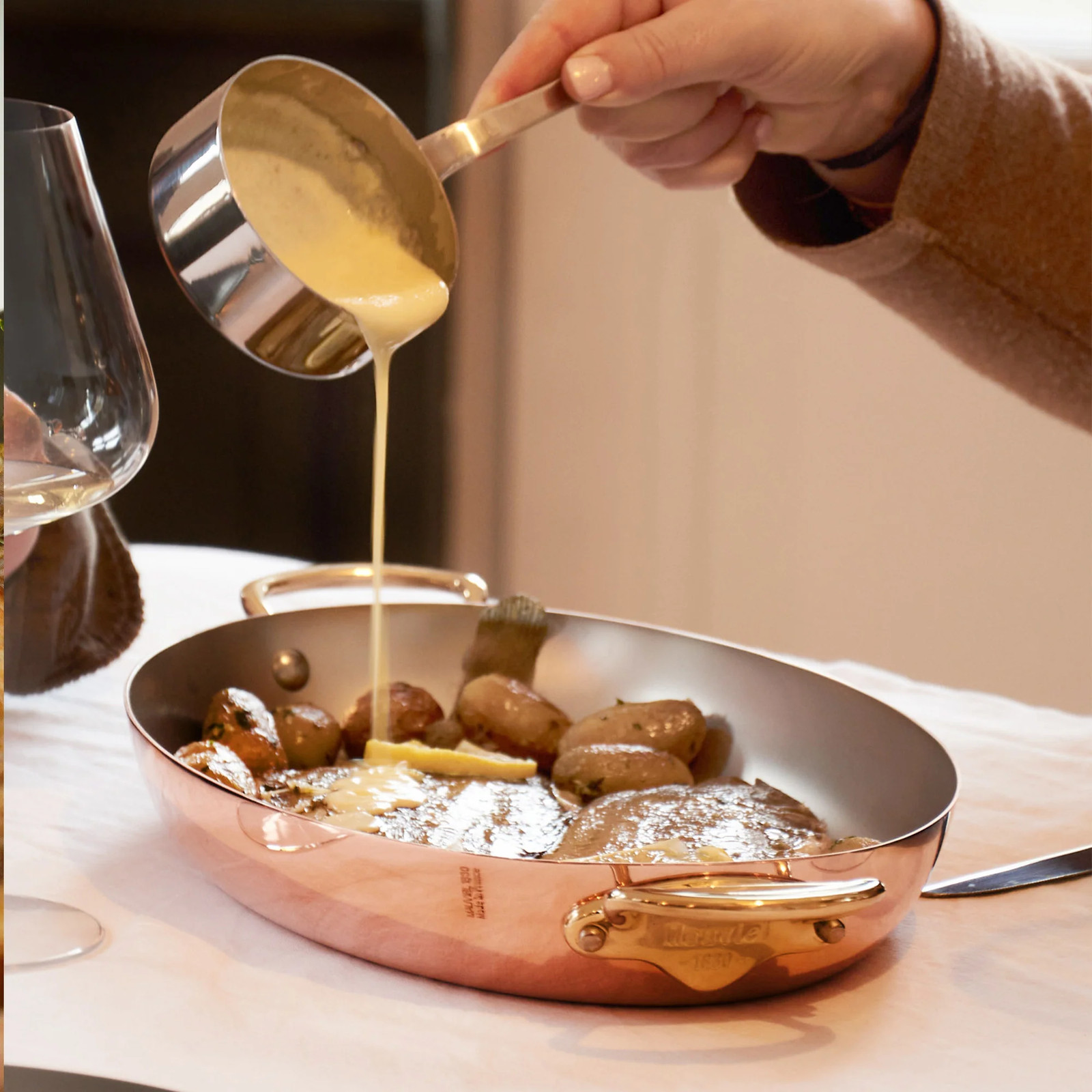 Mauviel M’Heritage M’150 B Copper Oval Gratin Pan With Brass Handles, 13.8-In