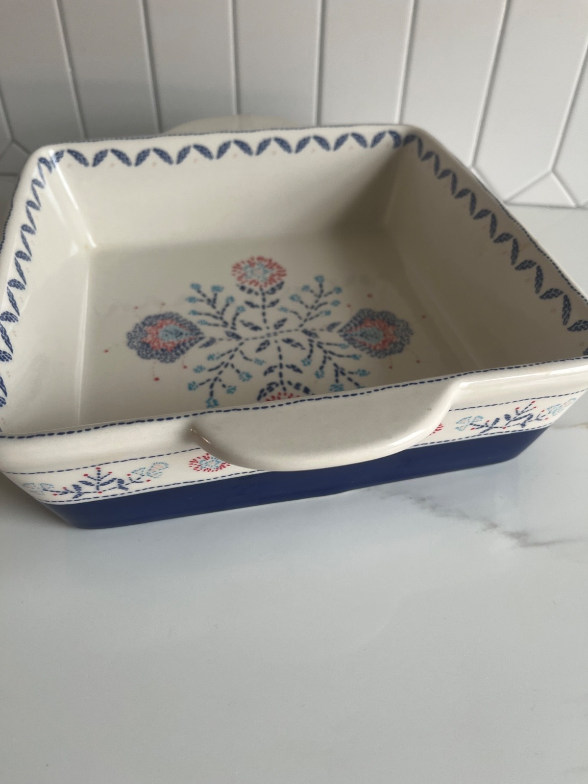 Stoneware Cream Pattern Navy Blue Red Floral Casserole Baking Dish Threshold 8”