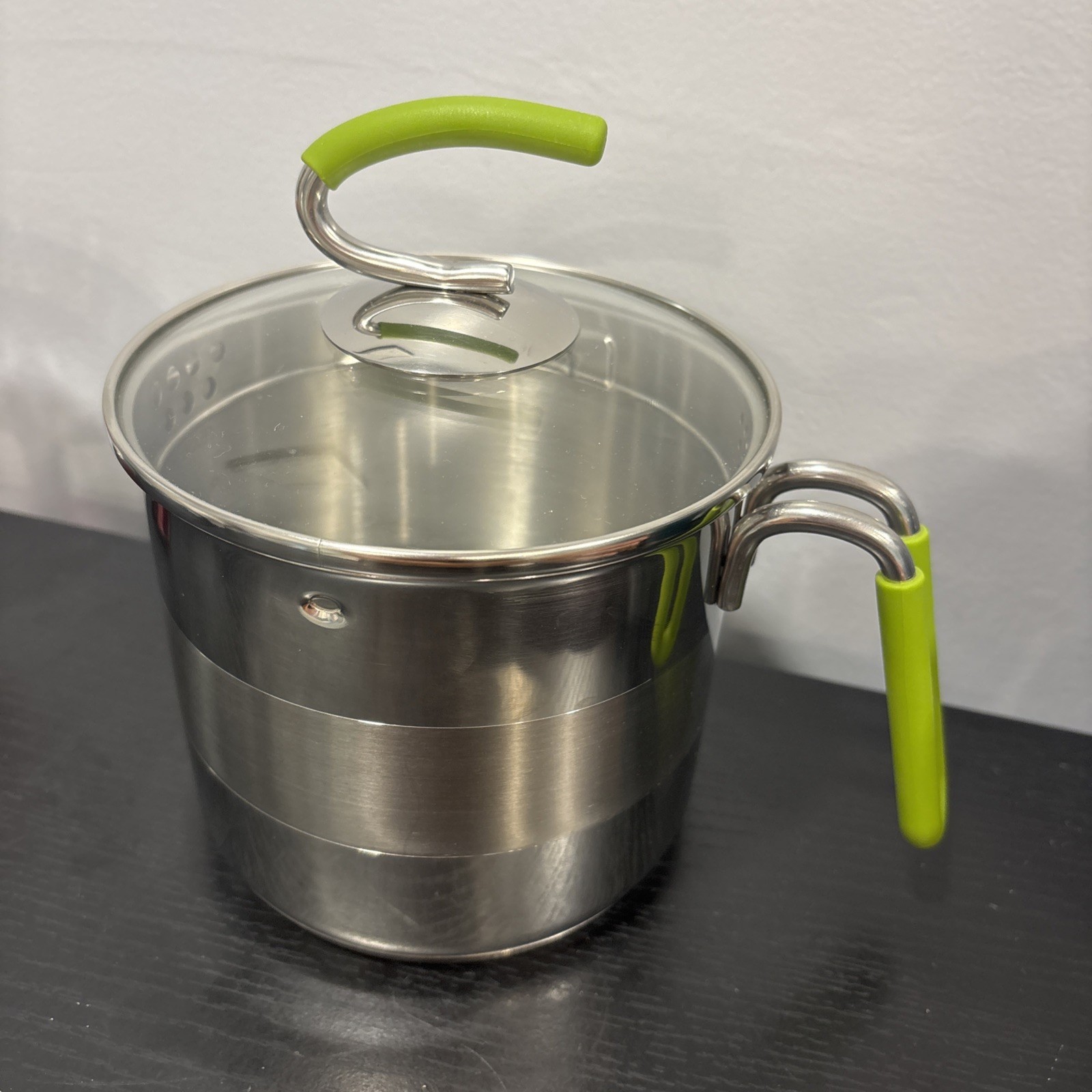 Kuhn Rikon Burner Pot 7 Cup 18/10 Stainless Straining Glass Lid green 2012