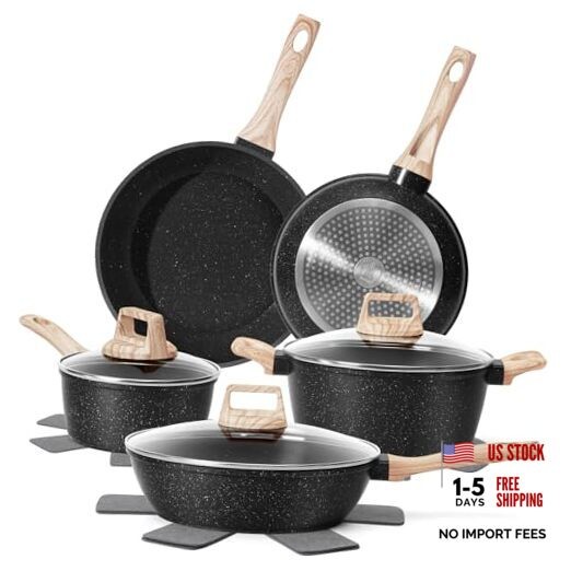 12 Pcs Pots and Pans Set Non Stick, Cookware Sets Granite 12 Pieces Black
