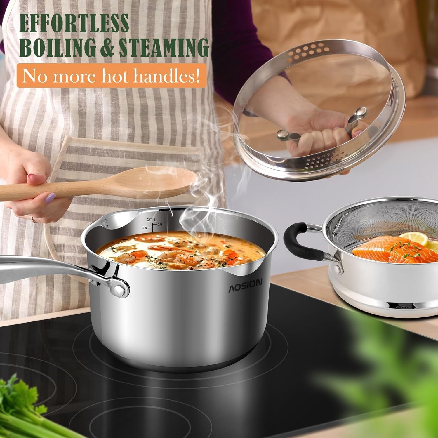 2.5 Quart Stainless Steel Saucepan with Steamer Basket,Small Pots for Cooking