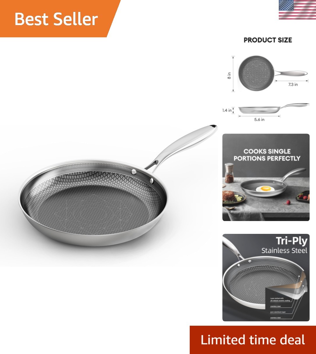 8-Inch Stainless Steel Pan, Hybrid Nonstick Frying Pan, Skillet, 3-Ply Clad C…