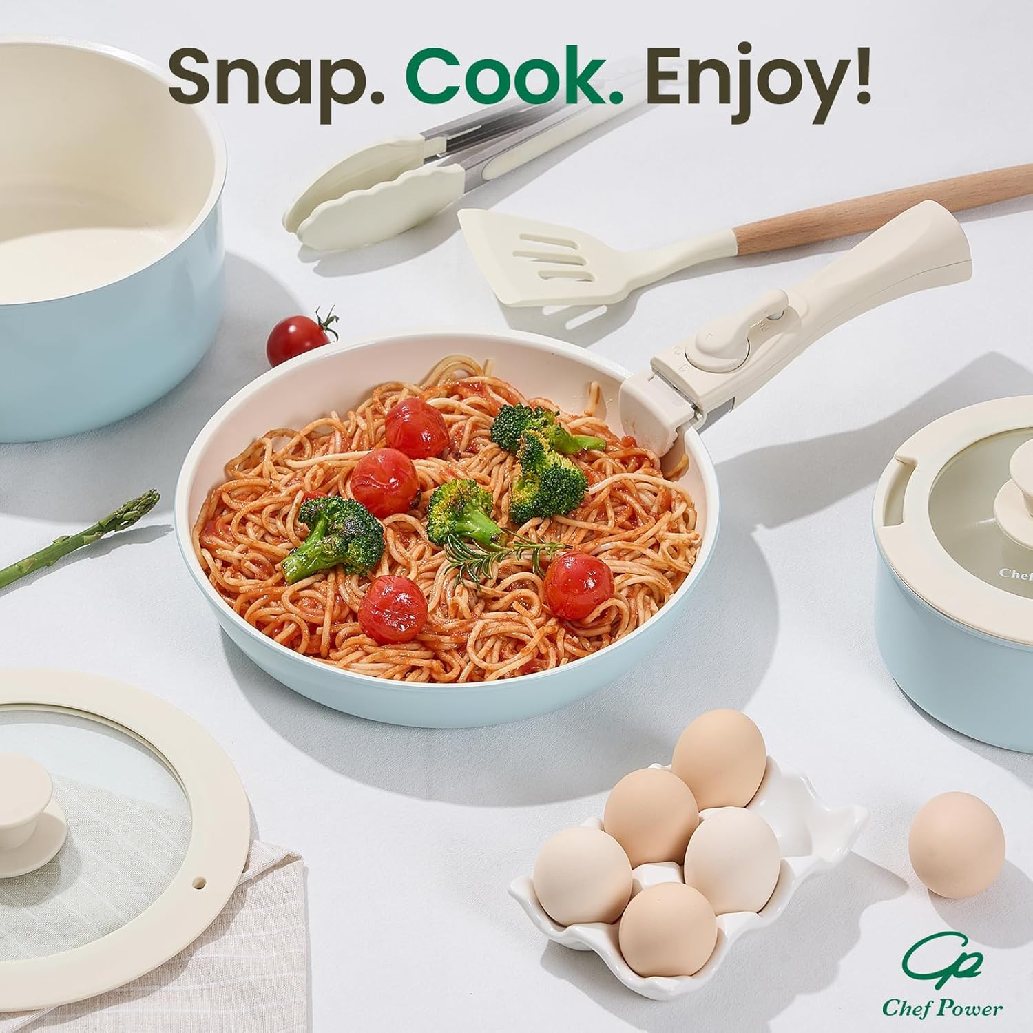 Ceramic Nonstick Pots and Pans Set 19 Piece with Detachable Handle, Induction Di