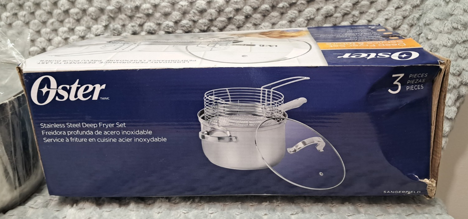 New Oster Sangerfield 3pc Deep Fryer Set 4.8 QT Stainless Steel With Basket Lid