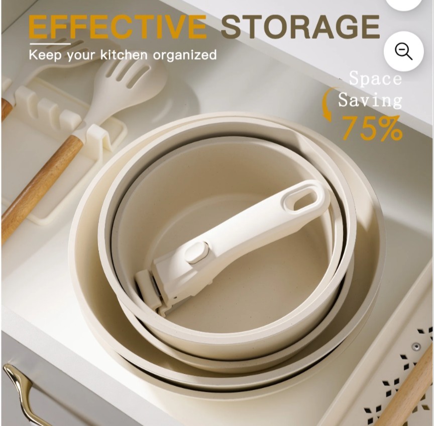 Astercook 20 Piece Cookware Set Non Stick Detachable Handles Cream White