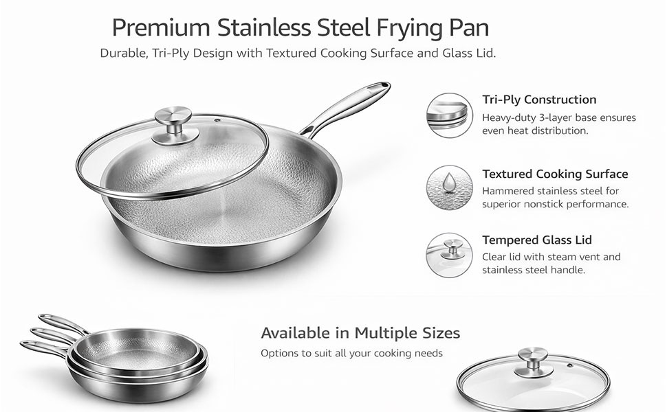 Pure Titanium Hammered Frying Pan with Lid, 12 Inch Skillet, No Coating