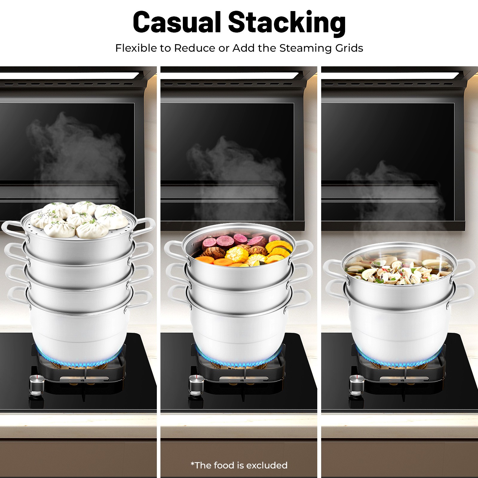 Stackable Stainless Steel Steamer Cooker Pot Glass Lid 5 Layers Large Capacity