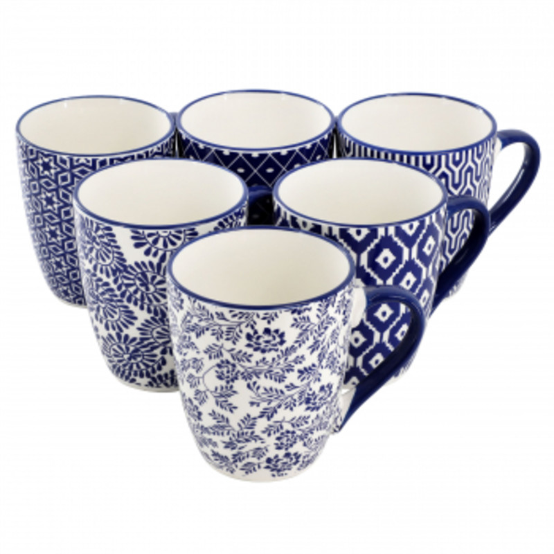 Elama Declan 6 Piece 12 Ounce Assorted Design Stoneware Mug Set In Blue And Whi