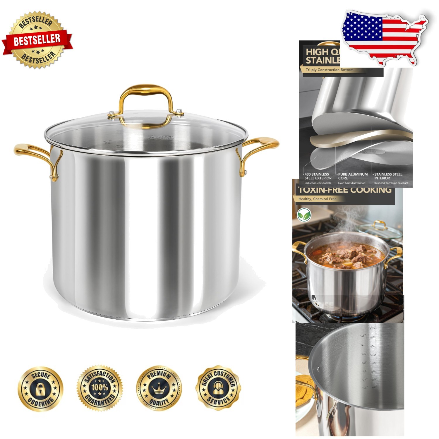Extra-Large Stock Pot, 20 Qt Stainless Steel Soup Pot, Tri-Ply Base, Ergonomi…