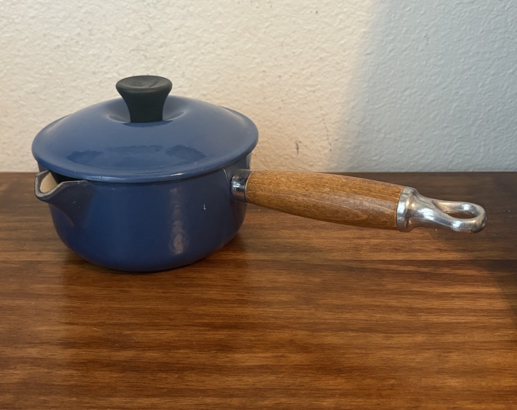 LE CREUSET Blue Enamel SAUCEPAN w LID & Wood Handle #14