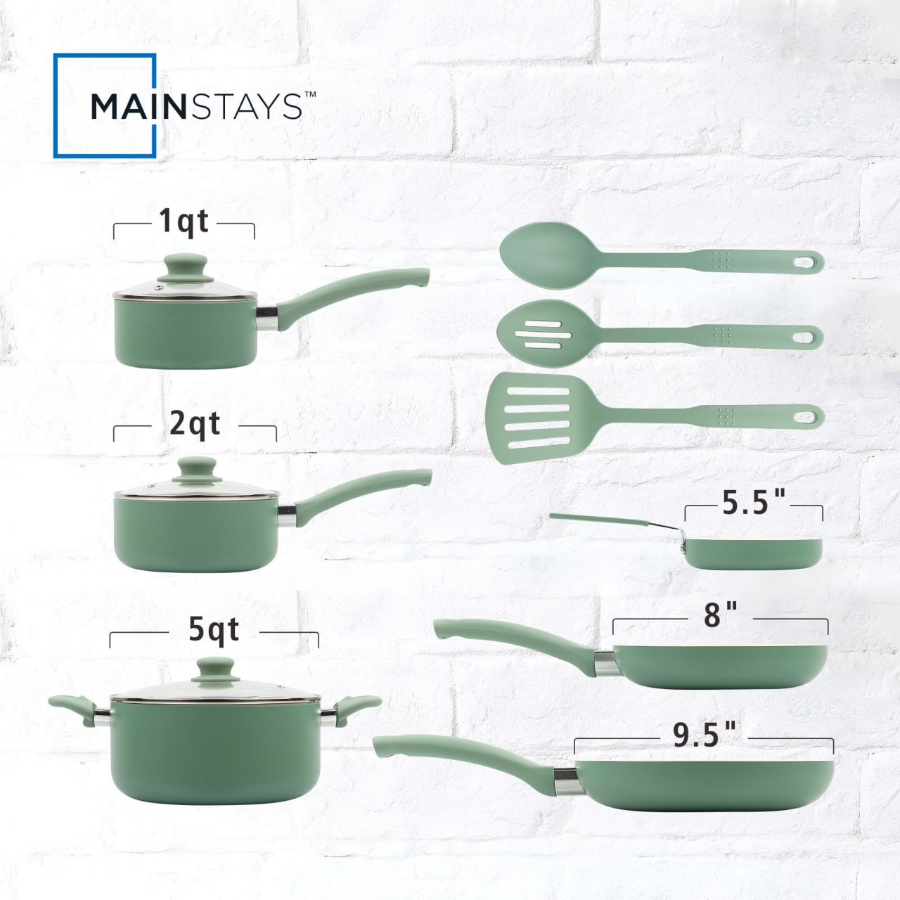 Mainstays Ceramic Aluminum, 12 Piece, Pots and Pans Cookware Set Green Nonstick