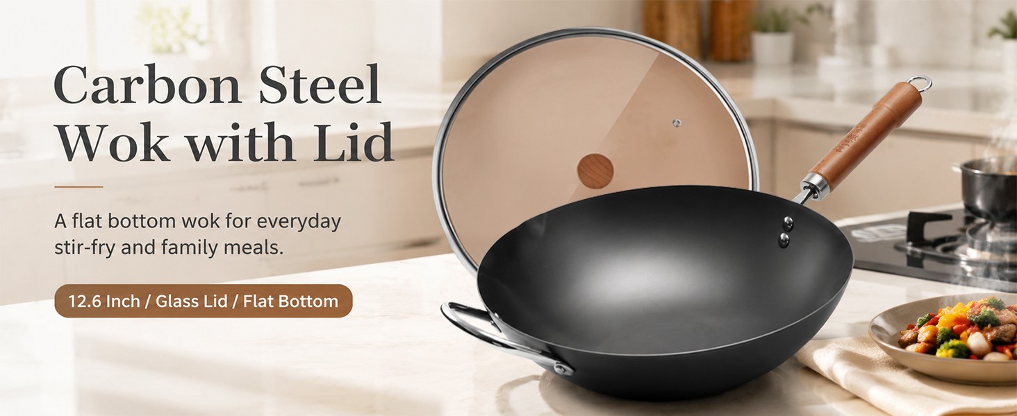 Carbon Steel Wok with Lid, 12.6 Inch Flat Bottom Wok Pan, Uncoated Stir Fry Pan