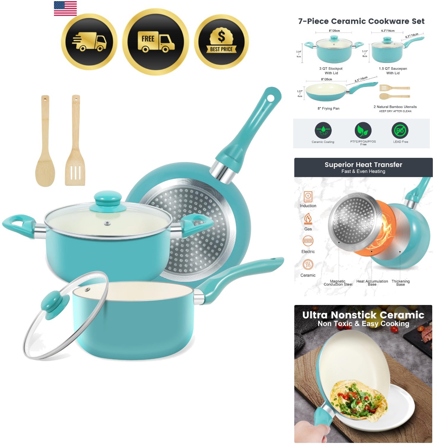 Pots and Pans Set, 7 Piece Nonstick Ceramic Cookware Set, Kitchen Induction C…