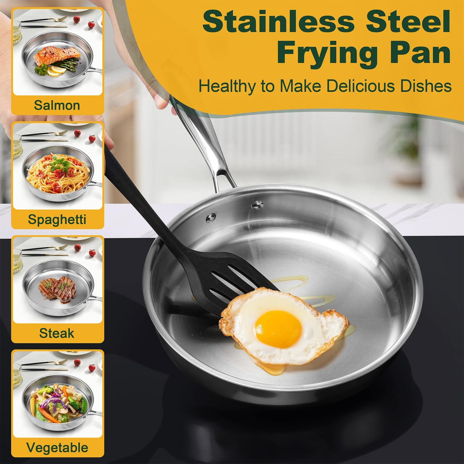 8 & 10 Inch Stainless Steel Frying Pan, 3-Ply Stainless Steel Pan Skillet,