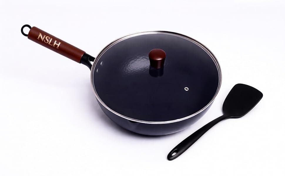 12.6 Inch Carbon Steel Wok Pan with Glass Cover, Pre-Seasoned Nonstick Flat