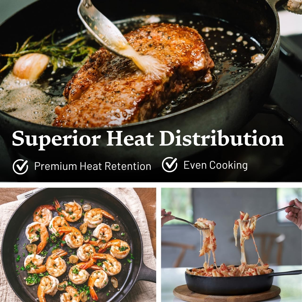12 Inch Smooth Cast Iron Skillet – Naturally Non-Stick, Pre-Seasoned Frying P…