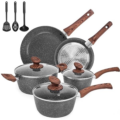 11-Piece Non-Stick Granite Cookware Set, Die-Cast Induction Pots & Pans, PFOA Fr