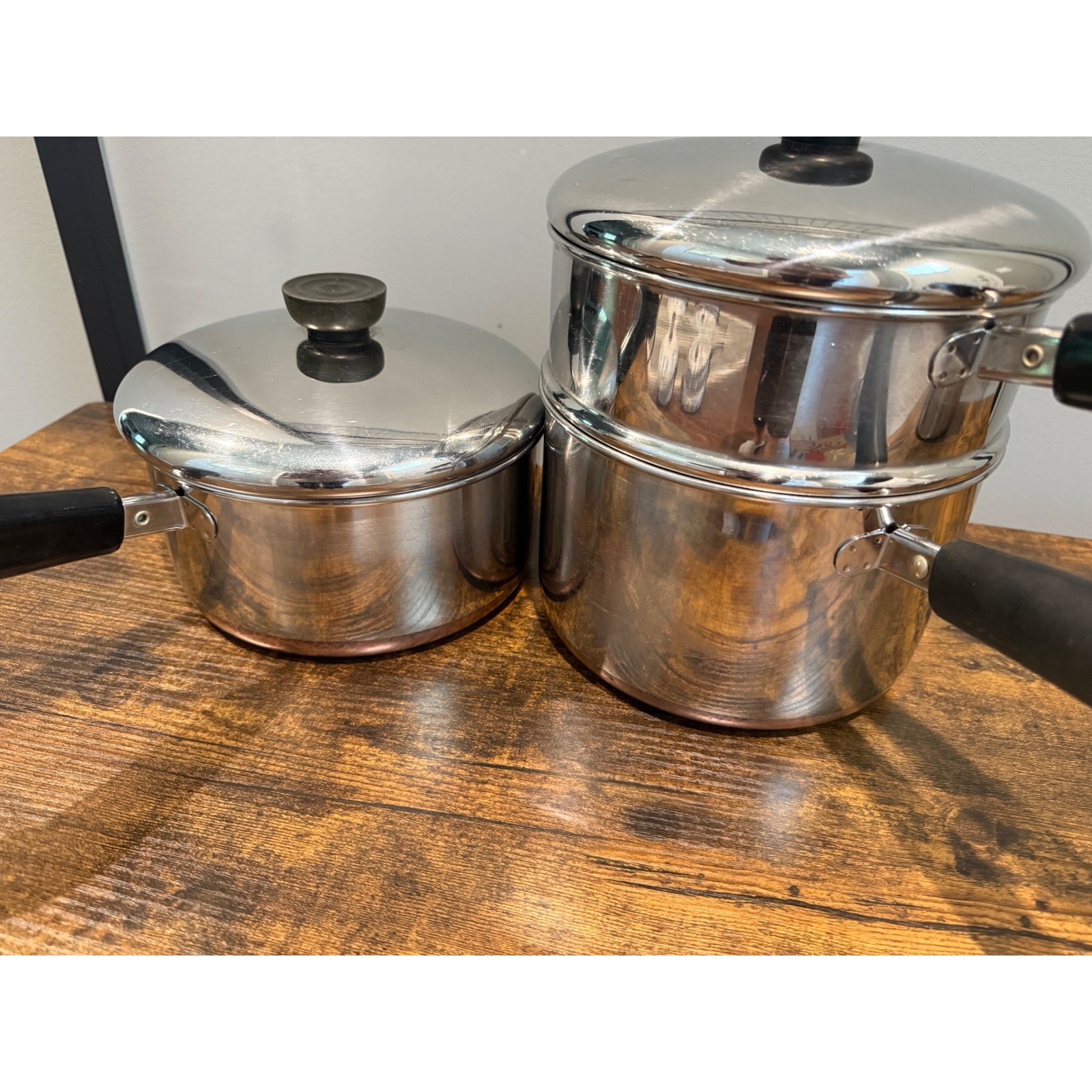 Revere Ware Copper Bottom 2Qt 3Qt Saucepan Set with Steamer Insert 5pc USA