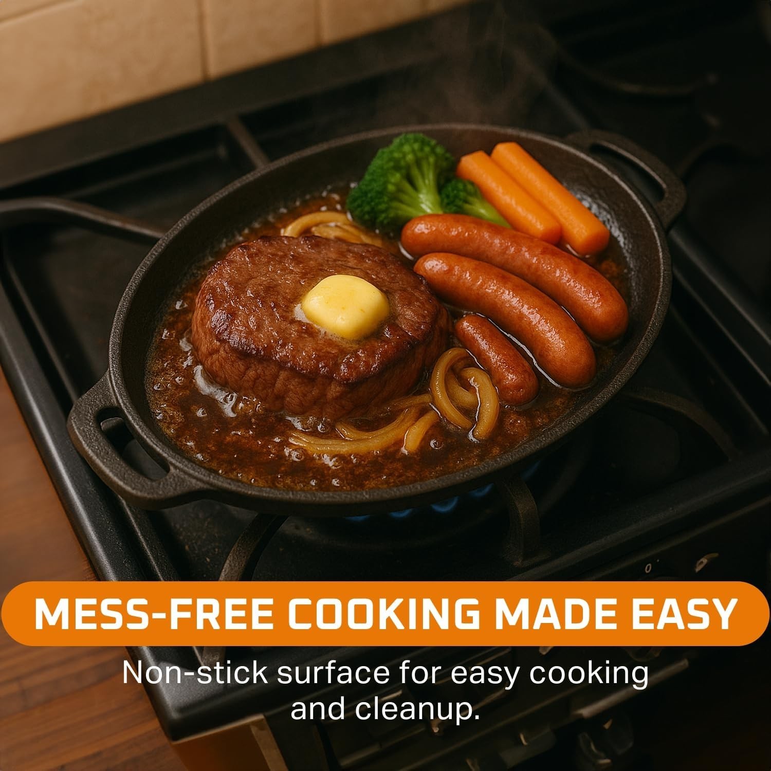 6.8 Quart Cast Iron Skillet W/ Reversible Grill Griddle Lid 3-in-1 Round