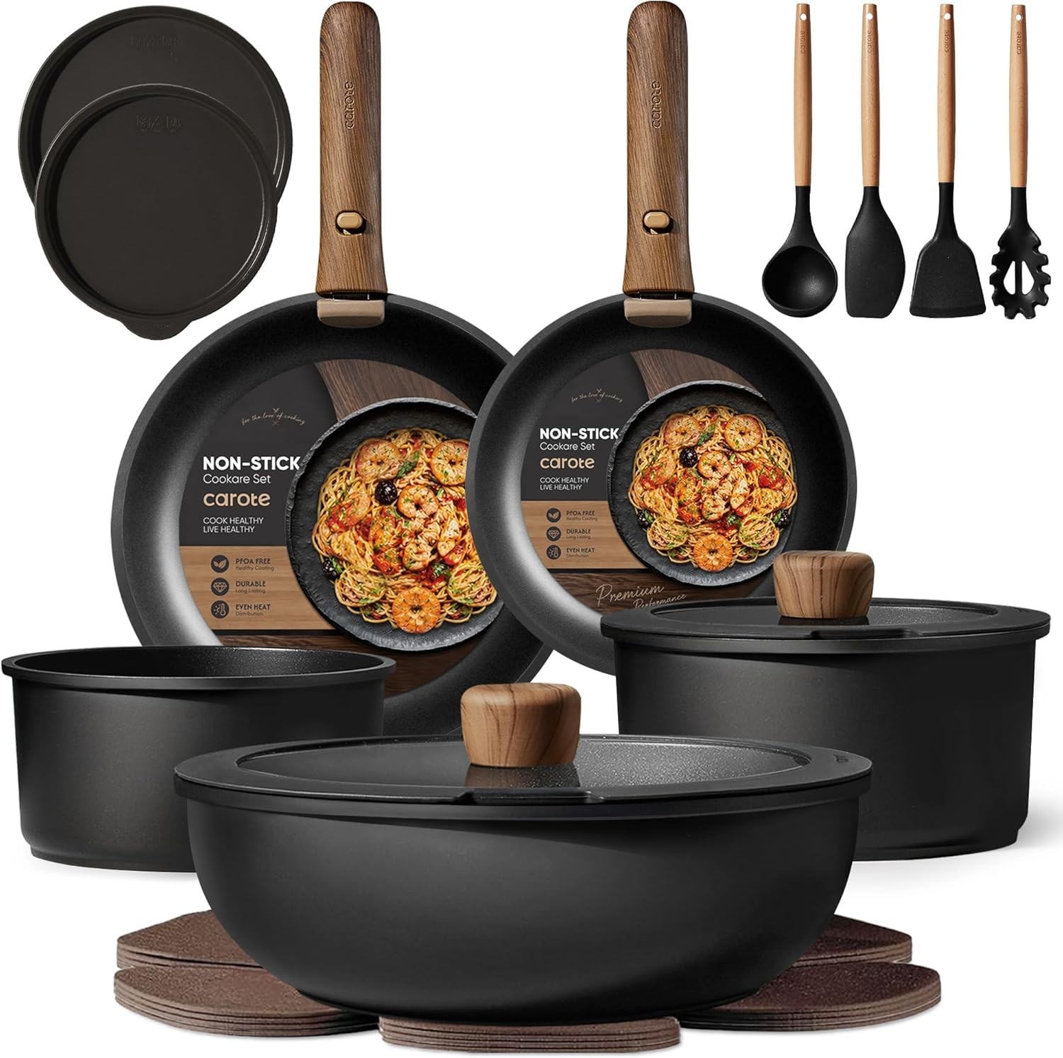 CAROTE 19pcs Pots and Pans Non Stick, Cookware Sets Detachable Handle, Induction