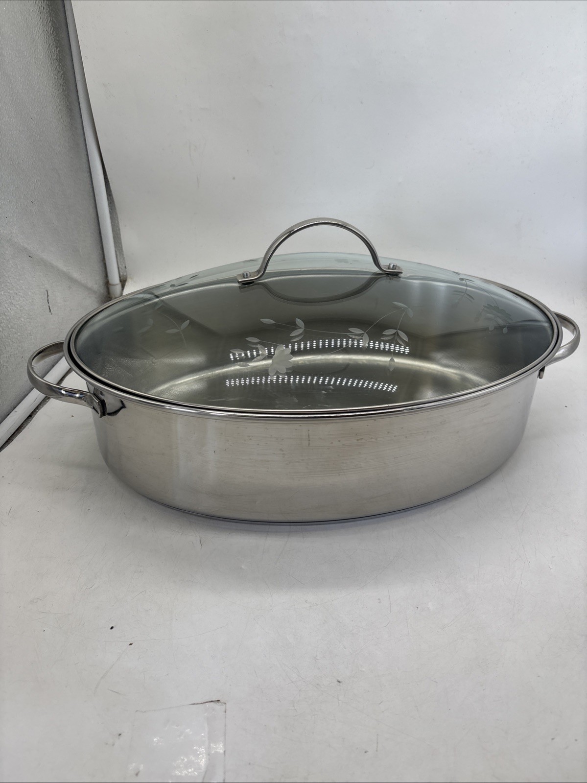 Princess House 18/10 Stainless Steel 7Qt Large Oval Roaster Pot Etched Glass Lid