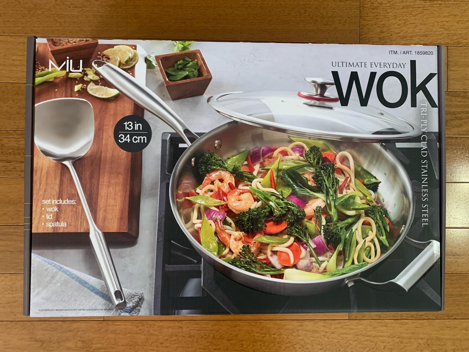 MIU Ultimate Stainless Steel 13″= 34cm Wok Tri-Ply Clad includes Lid,Spatula