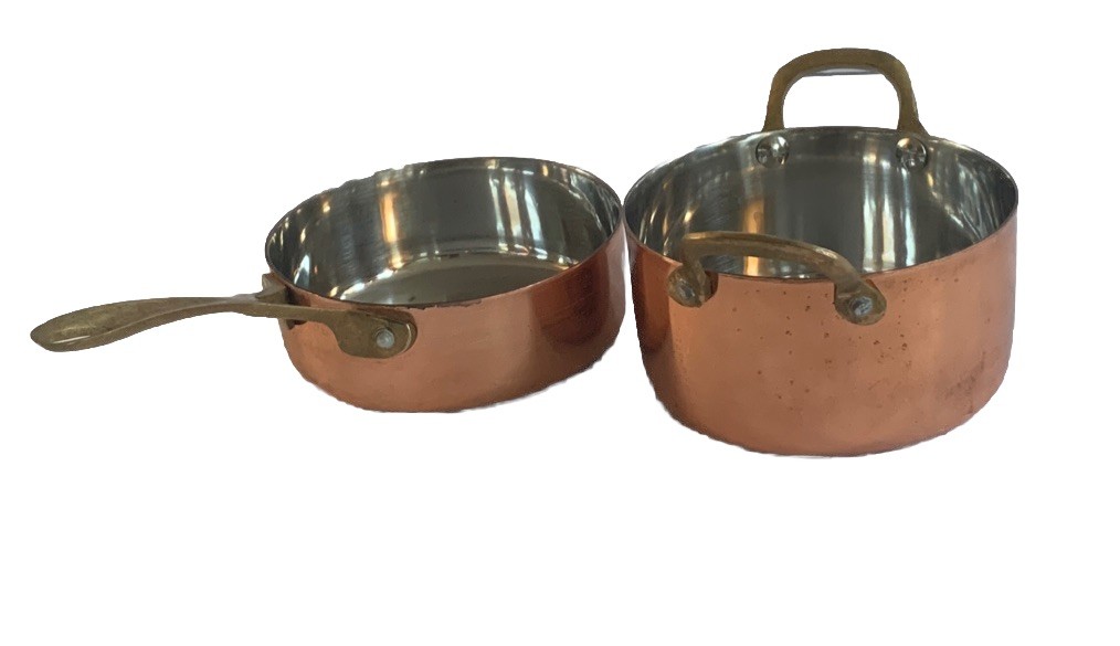 2 Mini Stainless Steel Copper Plated Dutch Oven Fryer Brass Handle 4.75″ No Lid