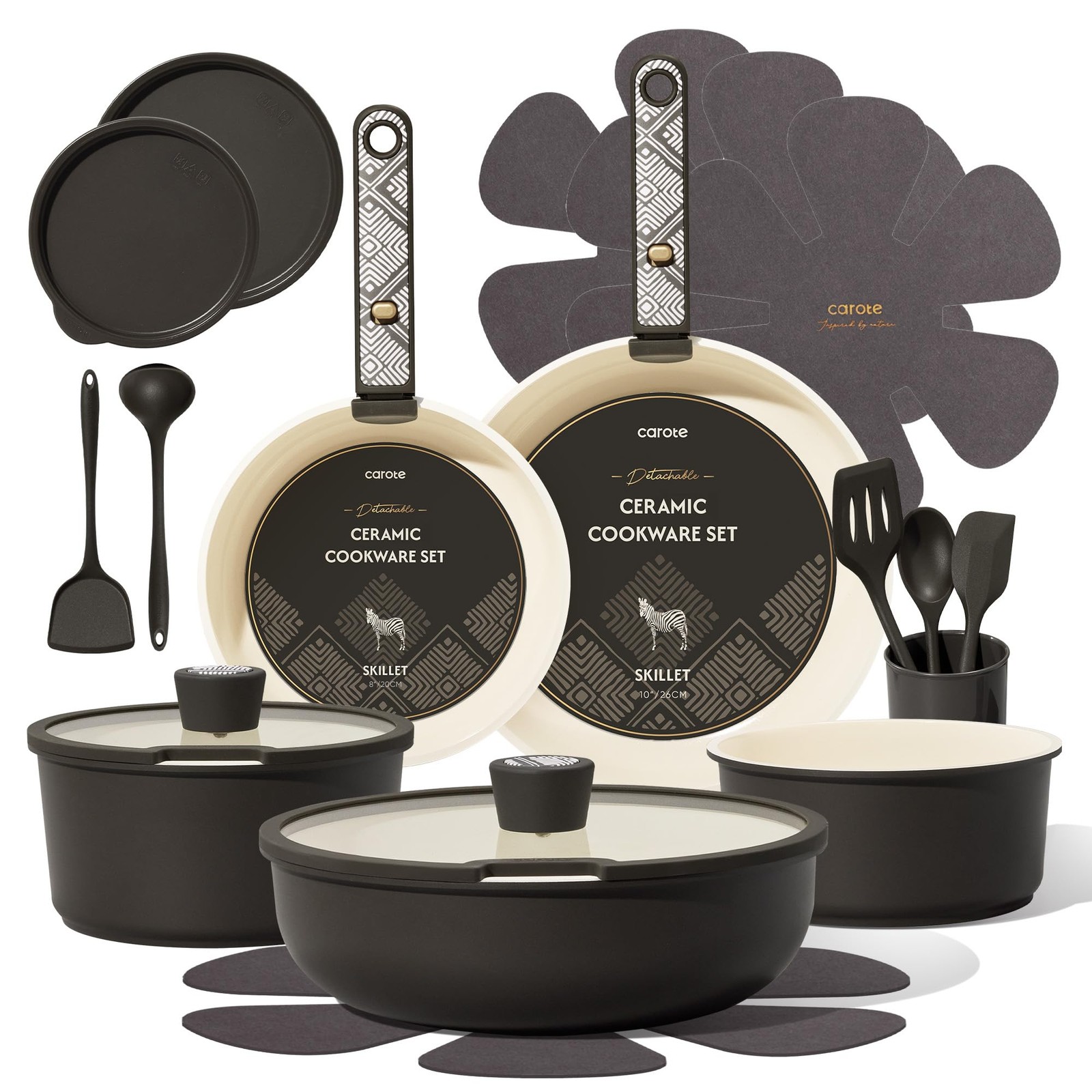 CAROTE 21 Piece Ceramic Cookware Set Nonstick Pots and Pans Set with Detachable
